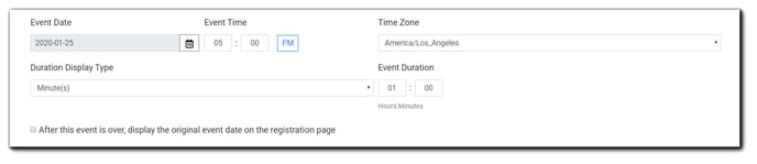 Screenshot: Event details options, including date, time, time zone, duration, duration display, and original date display option/