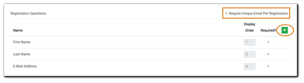 Screenshot: Registration Questions dialog with the "Require Unique Email Per Registration' radio button highlighted, as well as the green 'add' icon circled.