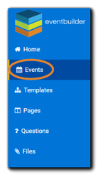 Screenshot: EventBuilder dashboard navigation with Events highlighted.