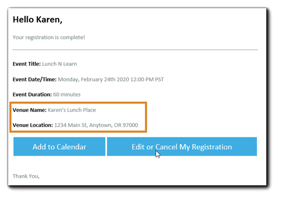 Screenshot: Registration confirmation email for In-Person Events, with venue name and address highlighted.