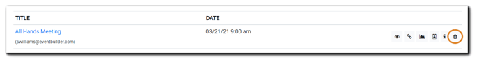 Screenshot: Event listing with trashcan icon highlighted.