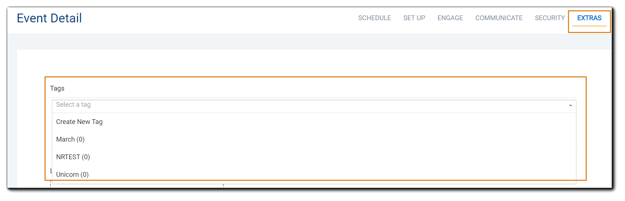 Screenshot of the Extras step on event creation, where Organziers can add Tags.