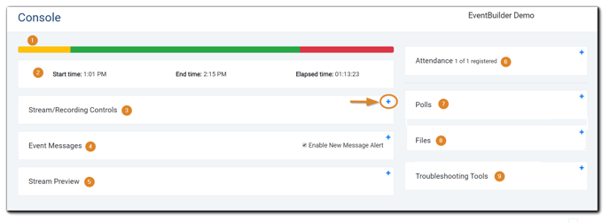 Screenshot: Moderator Console, with each control and widget numbered.