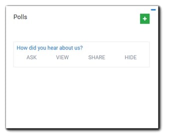 Screenshot: Polls widget with poll question options. Transcript: "How did you hear about us? Ask View Share Hide."