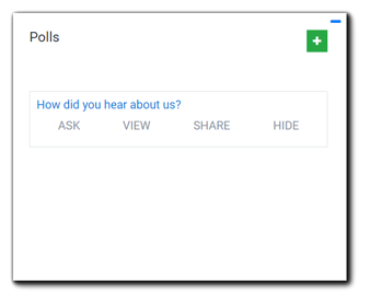 Screenshot: Polls widget with poll question options. Transcript: "How did you hear about us? Ask View Share Hide."