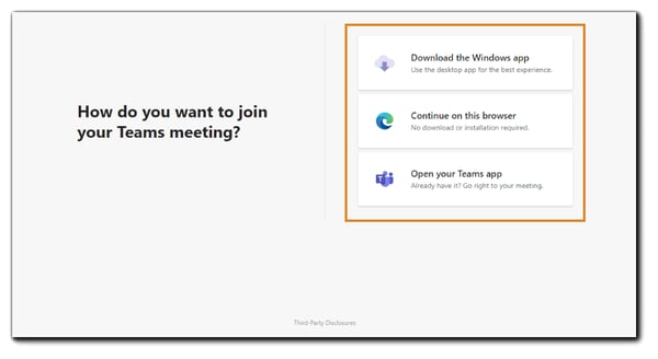 Screenshot: Teams meeting join dialog. Transcript: "How do you want to join your Teams Meeting?" Three options: Windows app, continue on browser, Teams app.