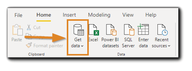 Screenshot: Power Bi menu, with the 'Get Data' menu icon highlighted.