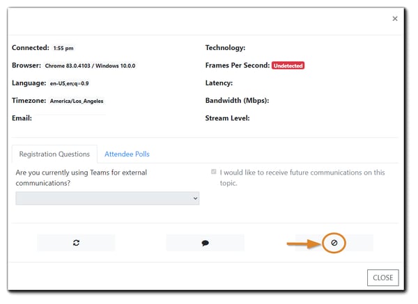 Screenshot: Attendee information from the Console during a live event, with the 'block attendee' symbol circled in orange.