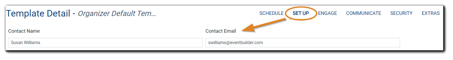 Screenshot: Templates area, Set Up step, with the Contact Name and Contact Email highlighted.