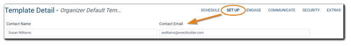 Screenshot: Templates area, Set Up step, with the Contact Name and Contact Email highlighted.