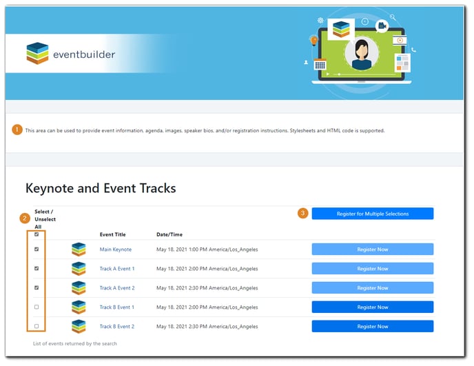 Screenshot: Sample of multi-track event registration page. Transcript: This area can be used to provide event information, images, speaker bios, and/or registration instructions. Stylesheets and HTML code is supported."