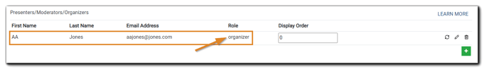 Screenshot: Newly-added Organizer AA Jones with role highlighted.