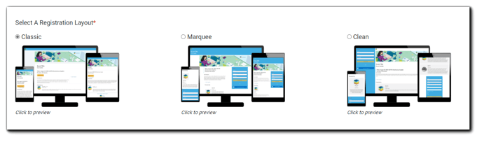 Screenshot: Registration page layout options: Classic, Marquee, Clean.