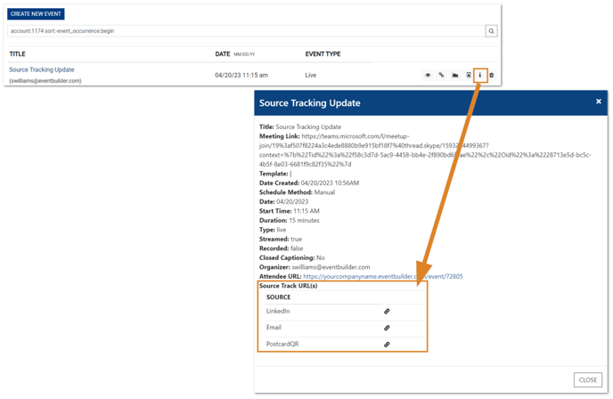 Screenshot: Events list with info icon highlighted, and the Event information window open. An arrow is pointing to the location of the event's Source Tracking URLs.