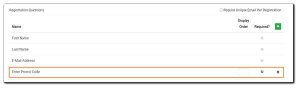 Screenshot: Registration questions area on the Engage Step with "Enter Promo Code" question highlighted.