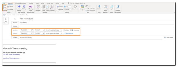 Screenshot: Outlook meeting time dialog with the 'cancel meeting' and event dates highlighted.