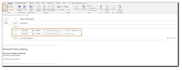 Screenshot: Outlook meeting time dialog with the 'cancel meeting' and event dates highlighted.