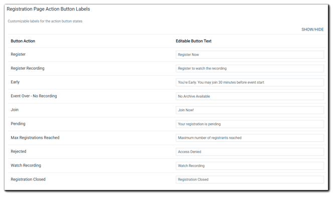  Screenshot: Registration Page Action Button Labels: Button Action column on left, Editable Button Text fields on right. Register, Register Recording, Early, Event Over-No Recording, Join, Pending, Max Registrations Reached, Rejected, Watch Recording, Regsitration Closed.