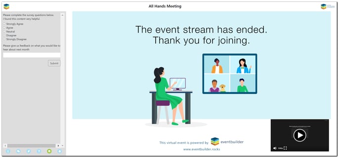 Screenshot: Post-event survey view with closing hold image. Vector image of woman sitting at at desk. "The event stream has ended. Thank you for joining."