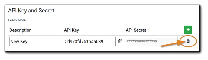 Screenshot: API Key & Secret login with the trash icon highlighted.