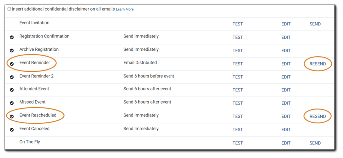 Screenshot: Event emails with Event Reminder and Event Rescheduled emails, as well as their 'Resend' link, highlighted.