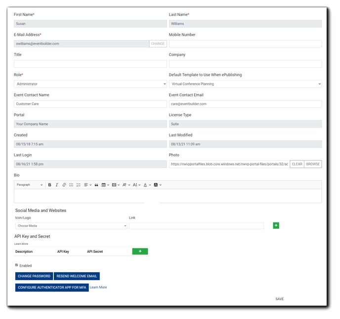 Screenshot: User Account dialog - includes name, email role, mobile number, bio, social media and websites fields API Key and Secret dialog, and enabling/disabling/authenticator app configuration options.