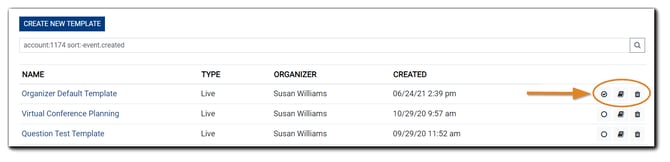 Screenshot: My Templates list with the radio button to set the default Template checked and highlighted.