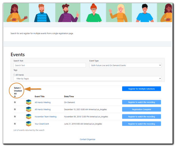 Screenshot: Event Registration Listing Page Example for multiple event registration - select/deselect area is highlighted.