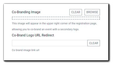 Screenshot: Co-Branding image interface. Transcript: "This image will appear in the upper right corner of the Registration Page, allowing you to co-brand an event with a secondary logo."