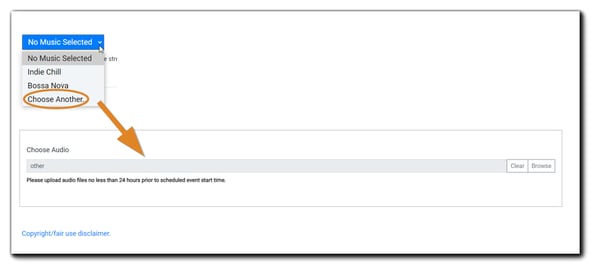 Screenshot: Choose audio/upload file for pre- and post-event music.