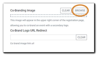 Screenshot: Co-Branding image interface. Transcript: "This image will appear in the upper right corner of the Registration Page, allowing you to co-brand an event with a secondary logo."