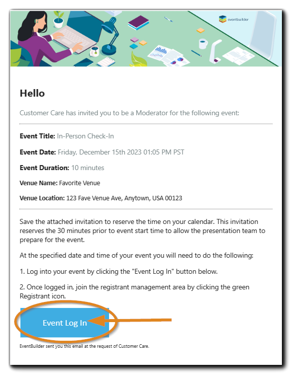 Screenshot: Event Moderator Access Email, blue 'Event Log In' button highlighted.