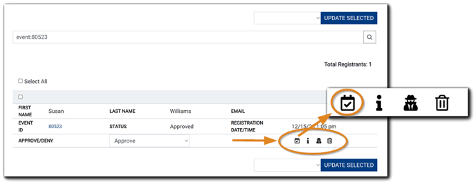 Screenshot: Registrant area with check-in icon highlighted.