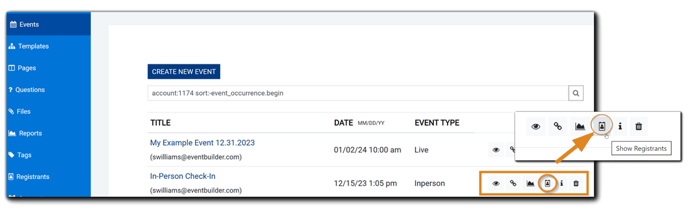 Screenshot: Events list with person icon highlighted on specified in-person event.