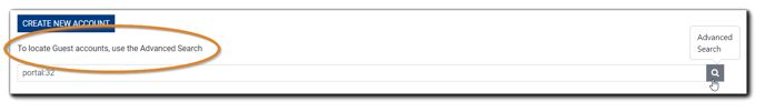 Screenshot: Account Search field. Image text: 'To locate Guest accounts, us the Advanced Search.