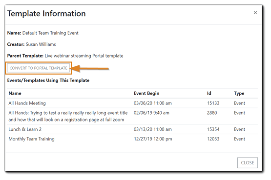 Screenshot: Template Information dialog with the 'Convert to Portal Template' highlighted.