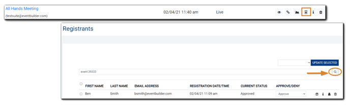 Screenshot: Registrant management icon and Registrant window with Advanced Search icon highlighted.