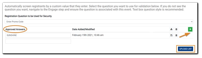 Screenshot: Security Custom Questions dialog with 'Custom Security Questions Values, the green 'plus' sign, and the 'Upload List" options highlighted.