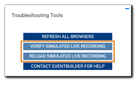 Screenshot: Simulated-Live troubleshooting tools widget, with 'Verify simulated live recording' and 'Reload simulated live recording' disabled.