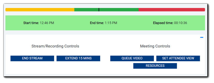 Screenshot: Moderator Console view-displaying stream timing, Stream/Recording Controls and Meeting Controls.