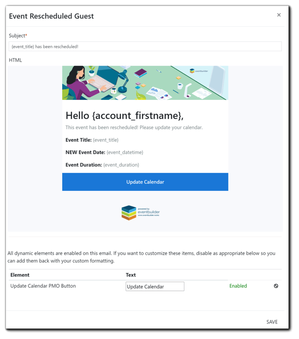 Screenshot: Event Rescheduled Portal Email edit screen.