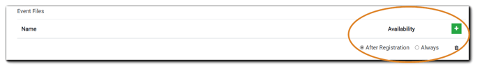 Screenshot: Event Files function with the green 'add' button and file availability options highlighted.