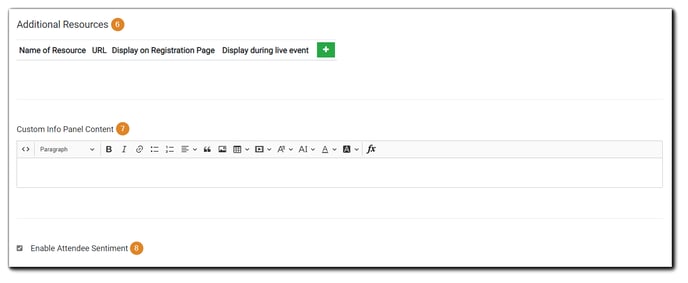 Screenshot: Engage Section options: Additional Resources, Custom Info Panel Content, and Attendee Sentiment.