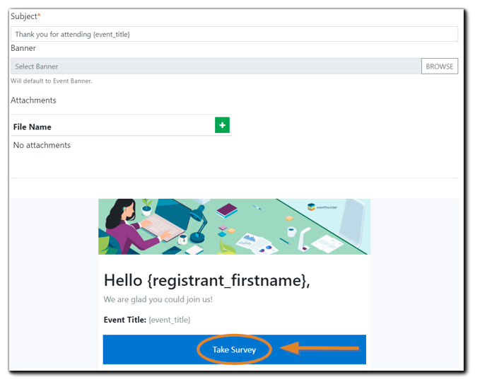 Screenshot: Thank you for attending email with the 'Take Survey' button highlighted.