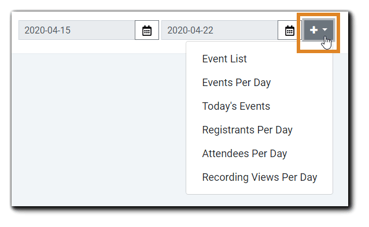 Screenshot: Available widget drop-down menu options: Event List, Events Per Day, Today's Events, Registrants Per Day, Attendees Per Day, Recording Views Per Day.