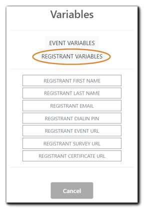 Screenshot: Registrant Variables available to add to calendar ics file: Registrant first name, last name, email, dial-in PIN, registrant event URL, survey URL, certificate URL.
