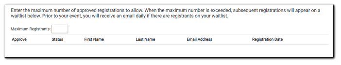 Screenshot: Waitlist dialog. Transcript: Enter the maximum number of approved registrations to allow. When the maximum number is exceeded, subsequent registrations will appear on a waitlist below. Prior to your event, you will receive an email daily if there are registrants on your waitlist.
