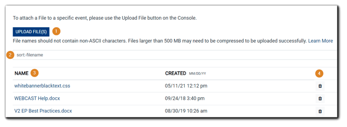 Screenshot: Files dialog numbered 1-4: Upload File(s) button, Search field, Filename and Created columns, trash icon.