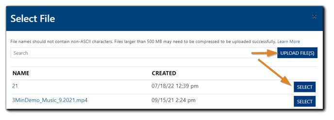 Screenshot: Select File dialog with 'Upload File(s)' and 'Select' buttons highlighted.