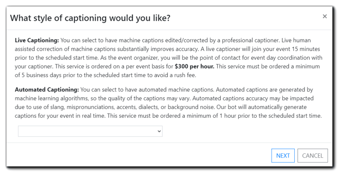Screenshot: Captioning style dialog box Header "What style of captioning would you like?"